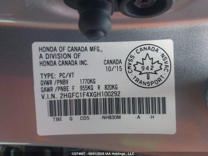 2016 Honda Civic Ex-T VIN: 2HGFC1F4XGH100292 Lot: 12374687