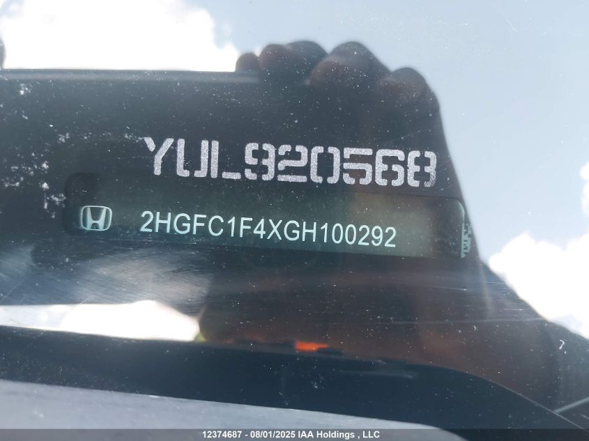 2016 Honda Civic Ex-T VIN: 2HGFC1F4XGH100292 Lot: 12374687
