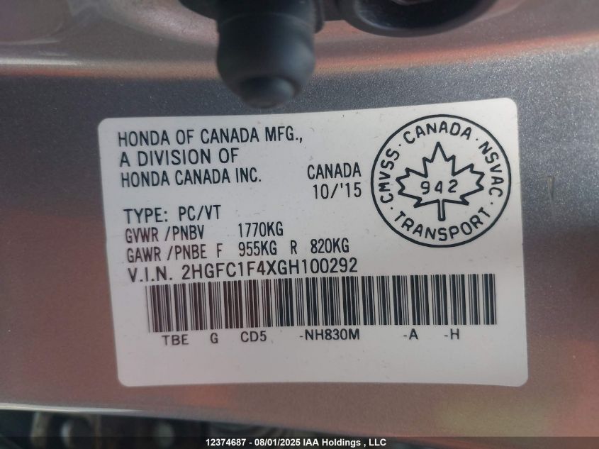 2016 Honda Civic Ex-T VIN: 2HGFC1F4XGH100292 Lot: 12374687