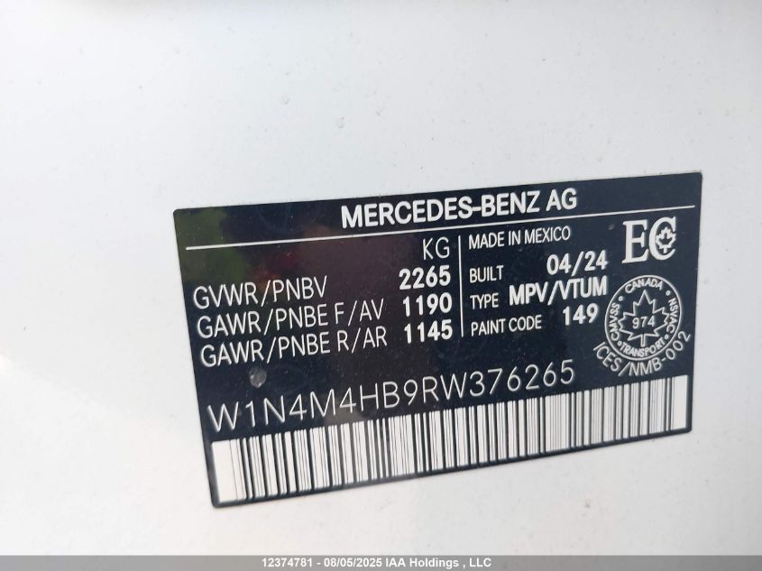 2024 Mercedes-Benz Glb 250 4Matic VIN: W1N4M4HB9RW376265 Lot: 12374781