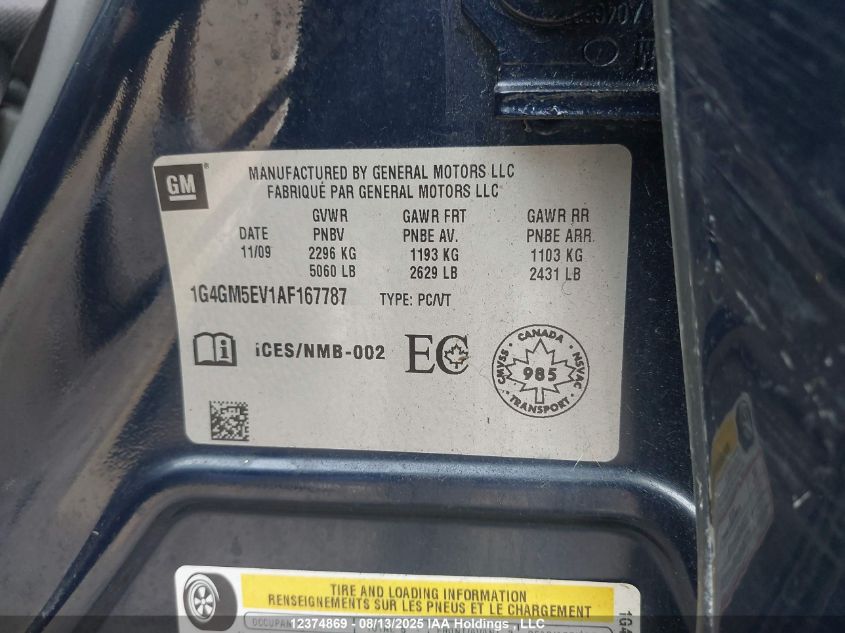 2010 Buick Allure/Lacrosse Cxs VIN: 1G4GM5EV1AF167787 Lot: 12374869