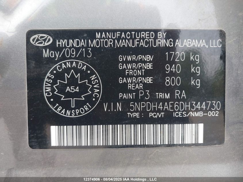 2013 Hyundai Elantra Gl VIN: 5NPDH4AE6DH344730 Lot: 12374906