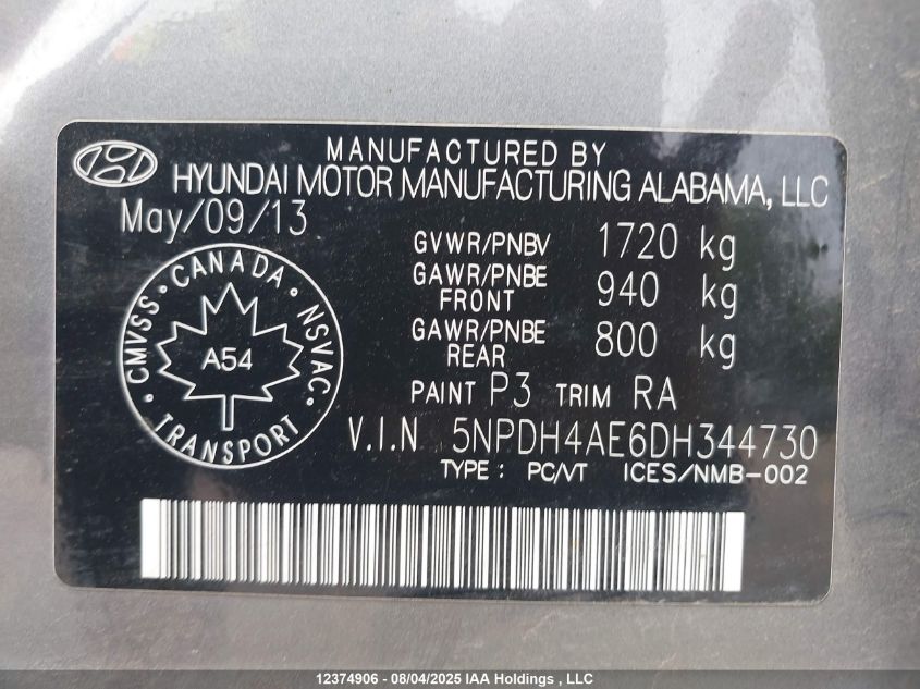 2013 Hyundai Elantra Gl VIN: 5NPDH4AE6DH344730 Lot: 12374906