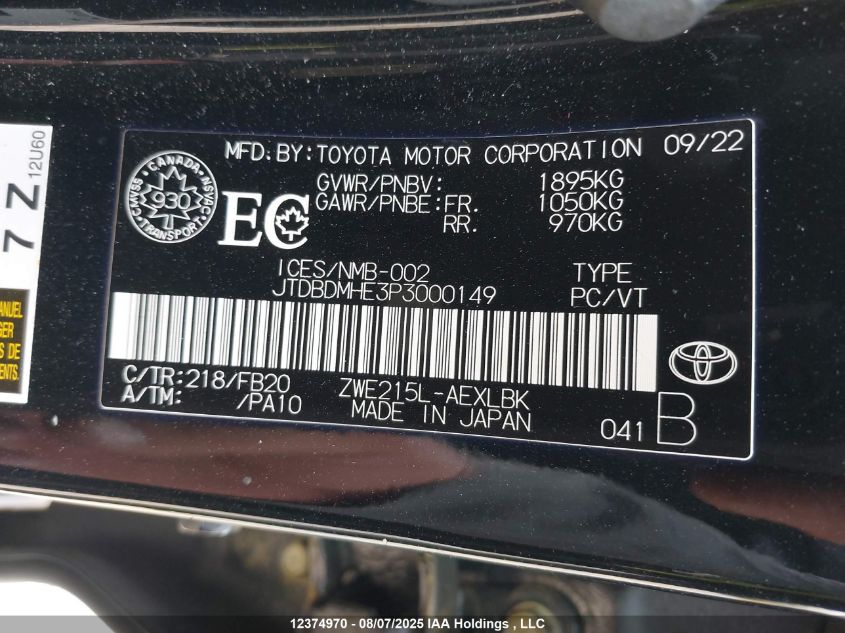 2023 Toyota Corolla Hybrid VIN: JTDBDMHE3P3000149 Lot: 12374970