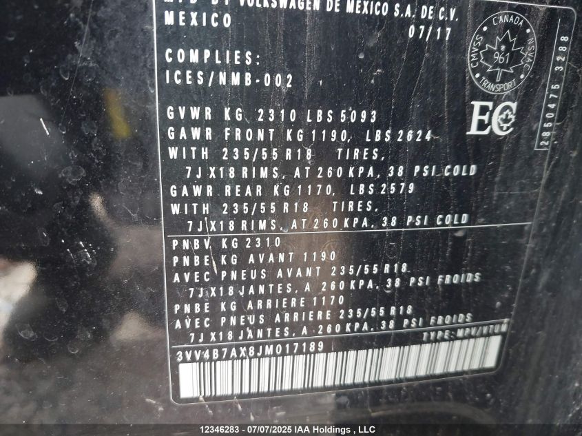 2018 Volkswagen Tiguan Highline VIN: 3VV4B7AX8JM017189 Lot: 12346283X