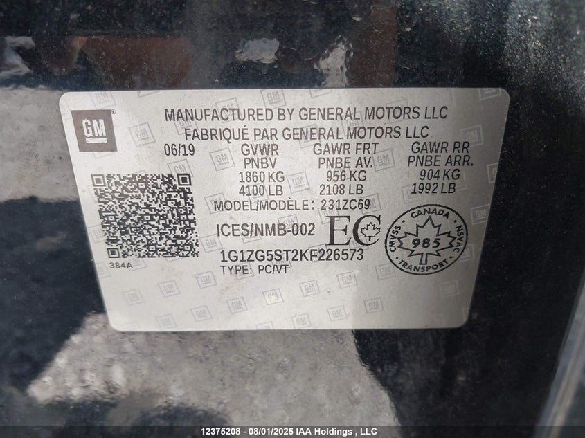 2019 Chevrolet Malibu VIN: 1G1ZG5ST2KF226573 Lot: 12375208