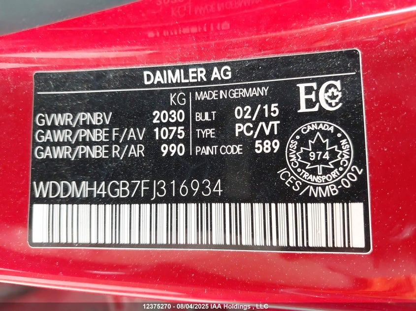 2015 Mercedes-Benz B 250 Sports Tourer VIN: WDDMH4GB7FJ316934 Lot: 12375270
