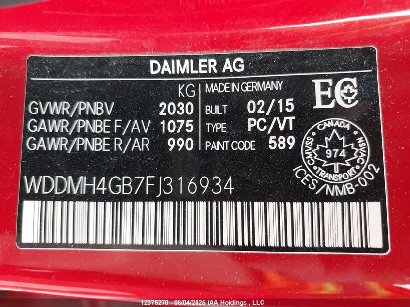 2015 Mercedes-Benz B 250 Sports Tourer VIN: WDDMH4GB7FJ316934 Lot: 12375270