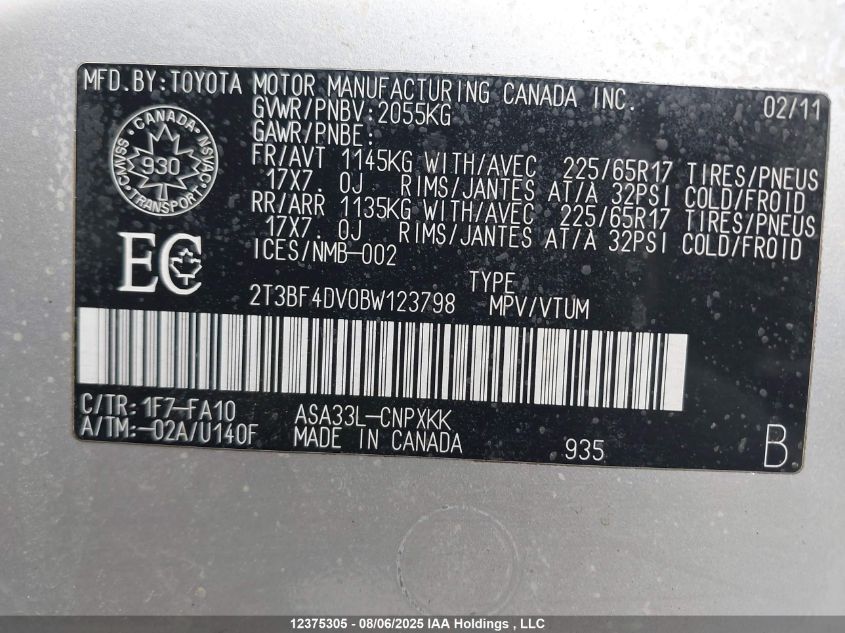 2011 Toyota Rav4 VIN: 2T3BF4DV0BW123798 Lot: 12375305