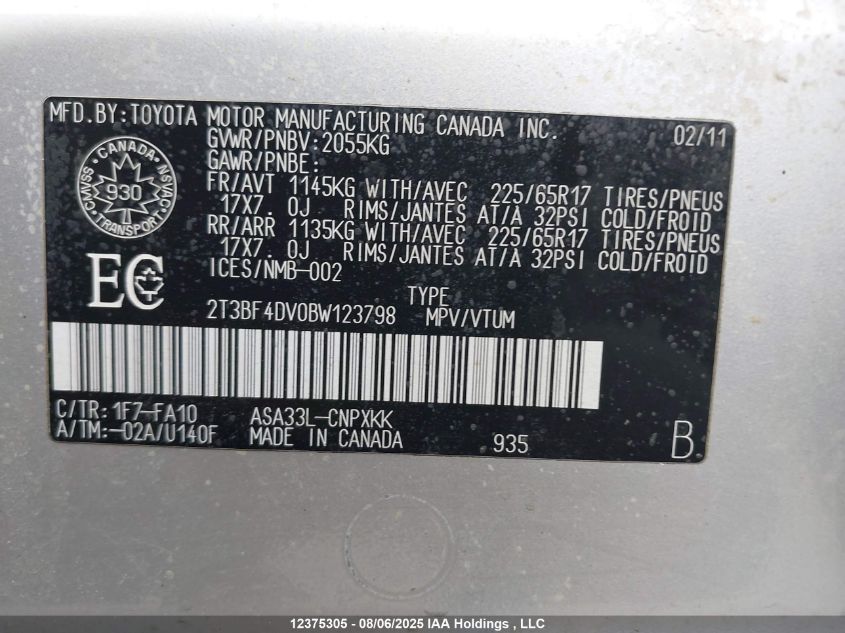 2011 Toyota Rav4 VIN: 2T3BF4DV0BW123798 Lot: 12375305