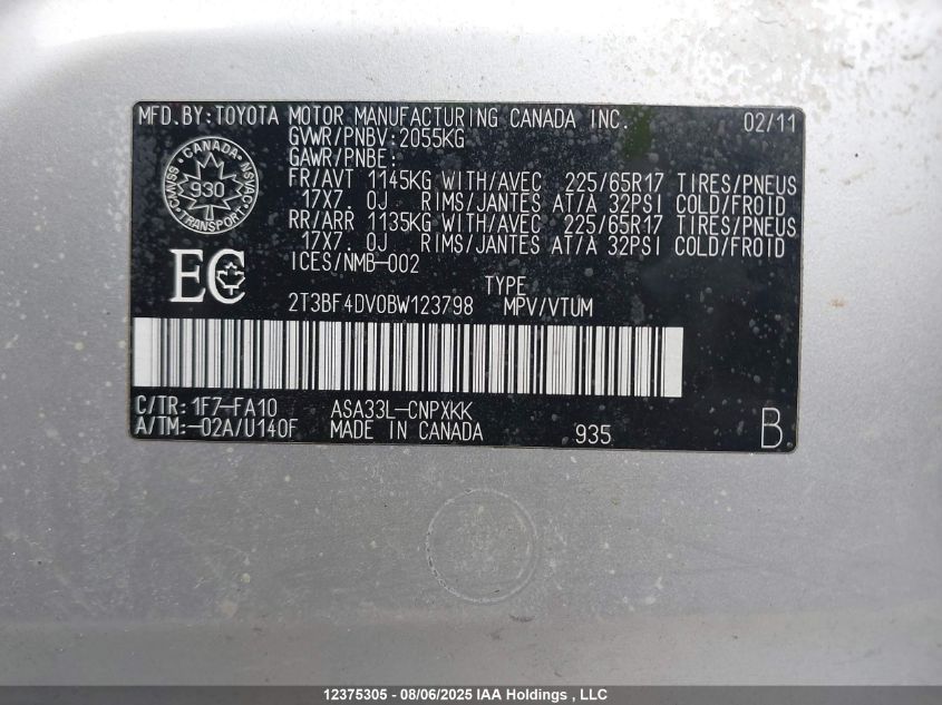 2011 Toyota Rav4 VIN: 2T3BF4DV0BW123798 Lot: 12375305