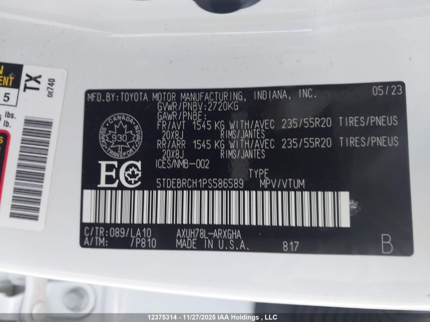 2023 Toyota Highlander Hybrid Limited/Hybrid Platinum VIN: 5TDEBRCH1PS586589 Lot: 12375314