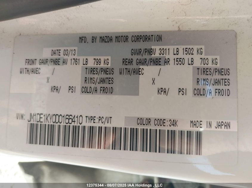 2013 Mazda Mazda2 VIN: JM1DE1KY0D0166410 Lot: 12375344