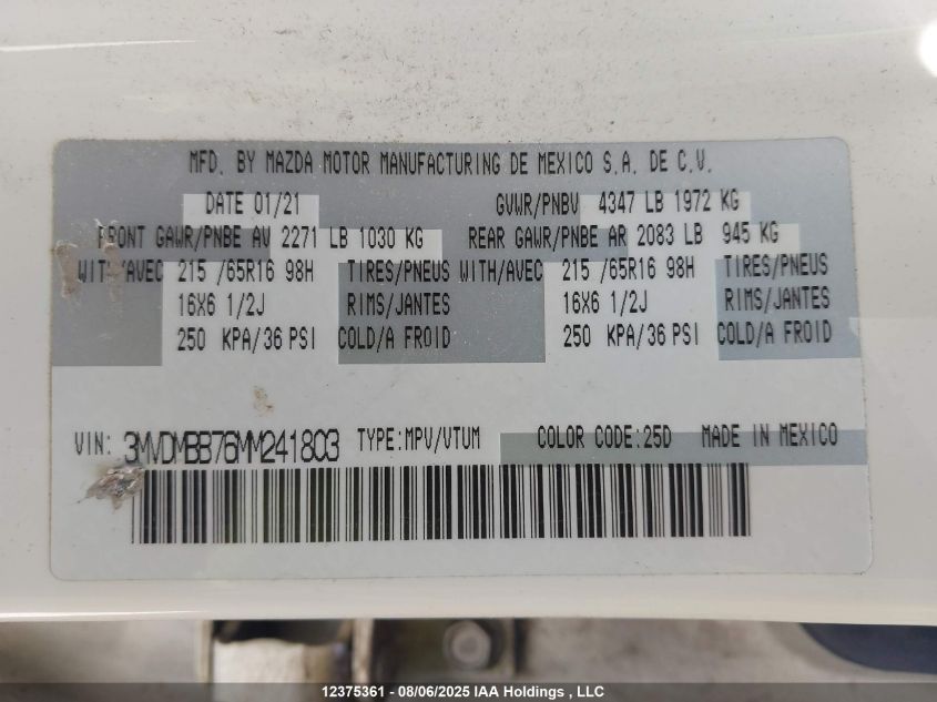 2021 Mazda Cx-30 VIN: 3MVDMBB76MM241803 Lot: 12375361