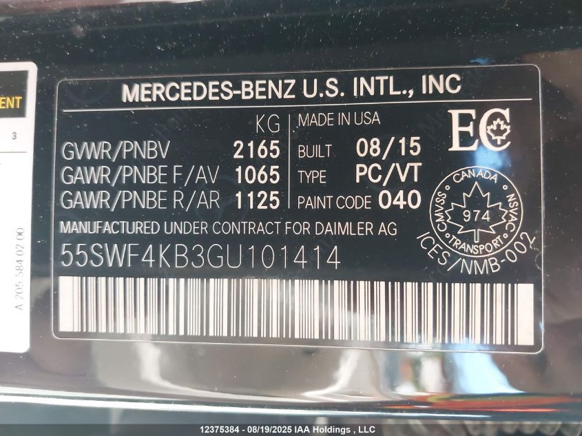 2016 Mercedes-Benz C 300 4Matic VIN: 55SWF4KB3GU101414 Lot: 12375384