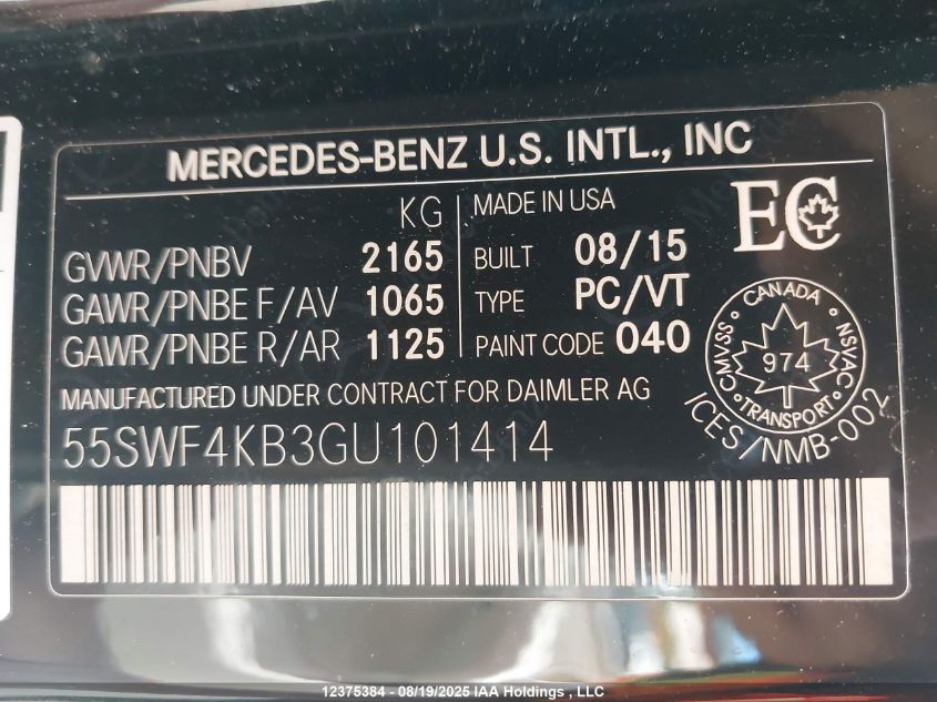 2016 Mercedes-Benz C 300 4Matic VIN: 55SWF4KB3GU101414 Lot: 12375384