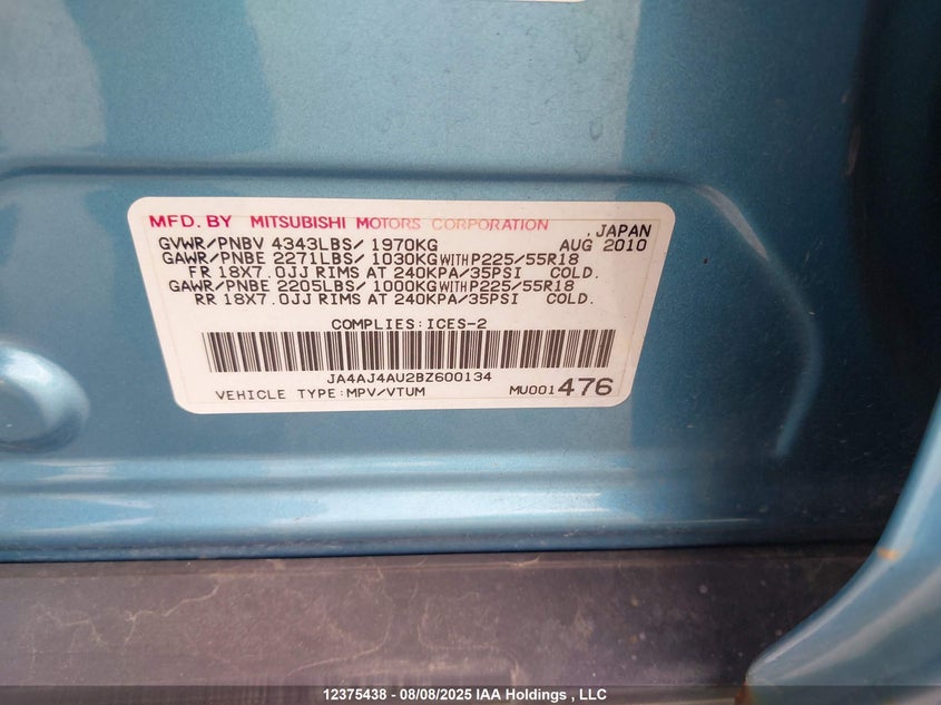 2011 Mitsubishi Rvr Gt VIN: JA4AJ4AU2BZ600134 Lot: 12375438