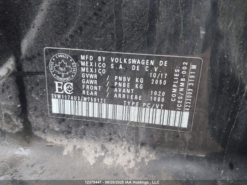 2018 Volkswagen Golf Sportwagen S VIN: 3VW117AU3JM759121 Lot: 12375447