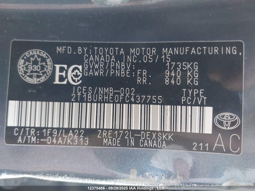 2015 Toyota Corolla L/Le/Le Pls/Prm/S/S Pls VIN: 2T1BURHE0FC437755 Lot: 12375486