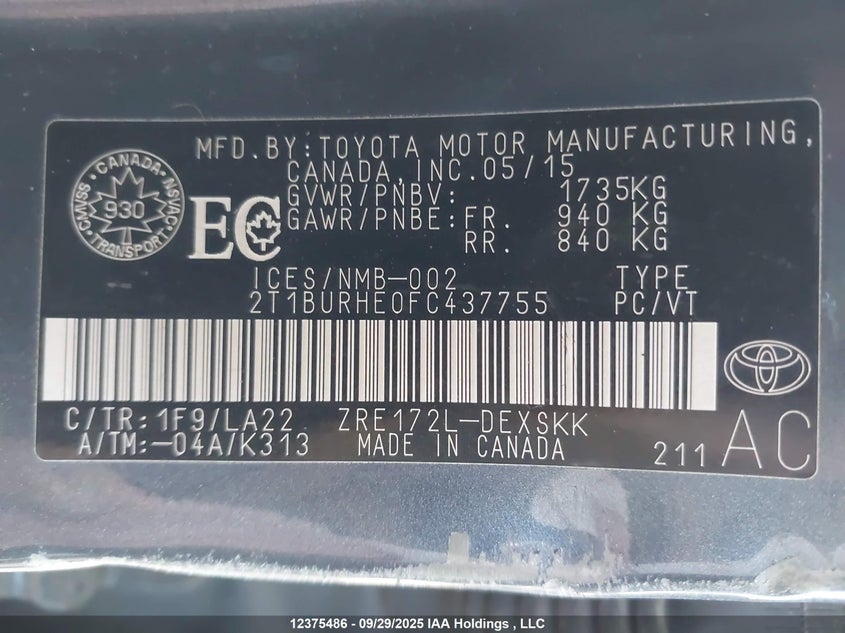 2015 Toyota Corolla L/Le/Le Pls/Prm/S/S Pls VIN: 2T1BURHE0FC437755 Lot: 12375486