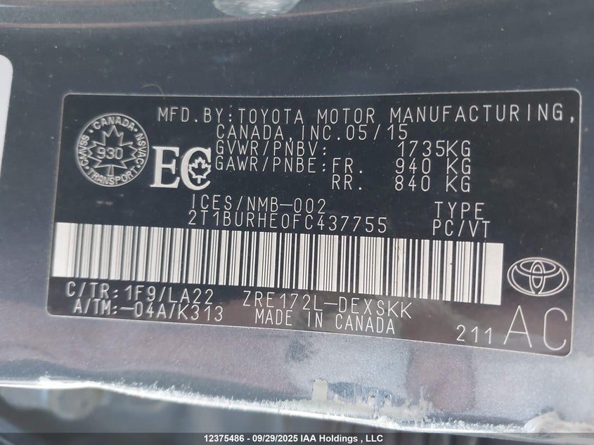 2015 Toyota Corolla L/Le/Le Pls/Prm/S/S Pls VIN: 2T1BURHE0FC437755 Lot: 12375486