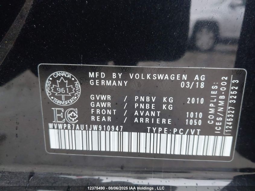 2018 Volkswagen E-Golf Comfortline VIN: WVWPR7AU1JW910947 Lot: 12375490