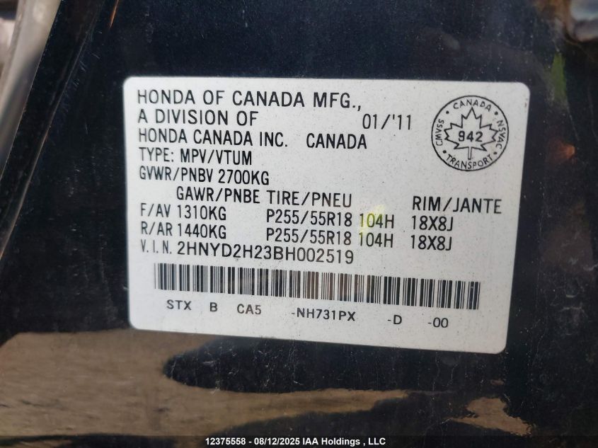 2011 Acura Mdx VIN: 2HNYD2H23BH002519 Lot: 12375558