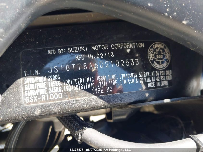 2013 Suzuki Gsx-R1000 VIN: JS1GT78A6D2102533 Lot: 12375575