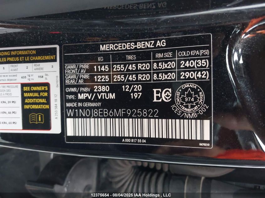 2021 Mercedes-Benz Glc Coupe 300 4Matic VIN: W1N0J8EB6MF925822 Lot: 12375654