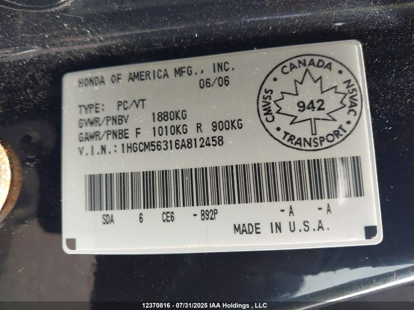 2006 Honda Accord Se VIN: 1HGCM56316A812458 Lot: 12370816X