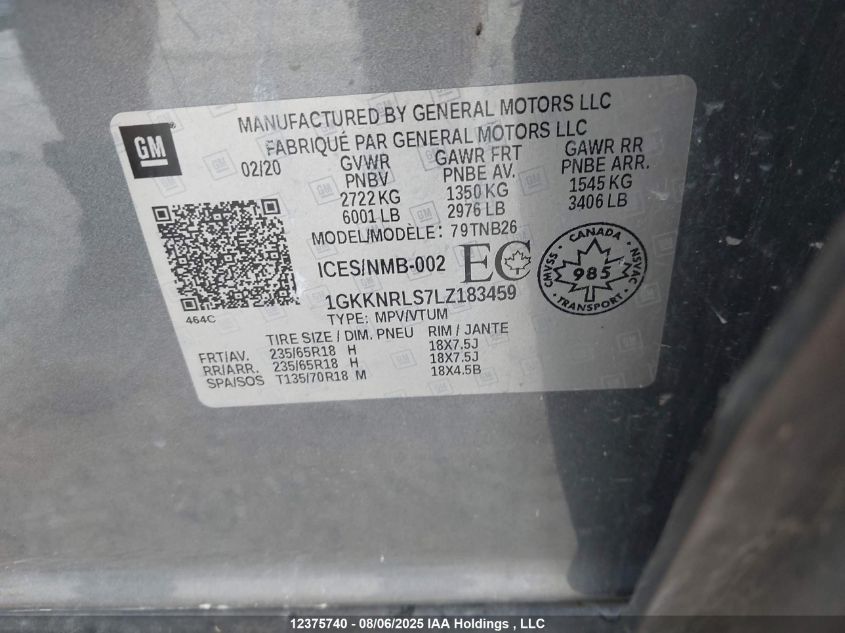 2020 GMC Acadia Sle VIN: 1GKKNRLS7LZ183459 Lot: 12375740