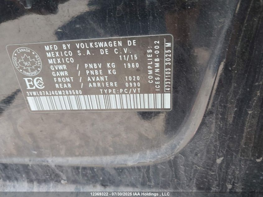 2016 Volkswagen Jetta 1.8 Tsi Comfortline/1.8 Tsi Highline VIN: 3VWL07AJ4GM289580 Lot: 12369322X