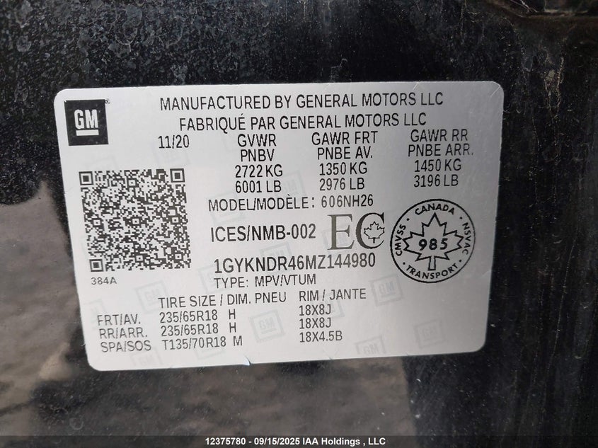 1GYKNDR46MZ144980 2021 CADILLAC XT5 photo no. 9