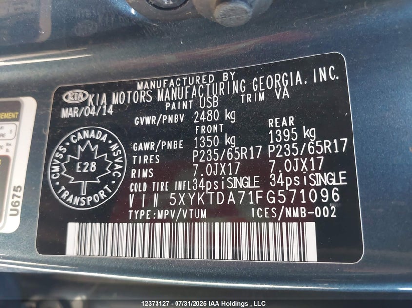 2015 Kia Sorento Lx V6 VIN: 5XYKTDA71FG571096 Lot: 12373127X