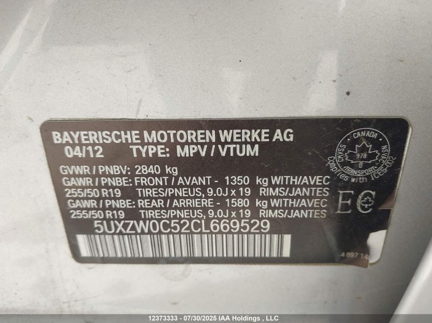 2012 BMW X5 xDrive35D VIN: 5UXZW0C52CL669529 Lot: 12373333X