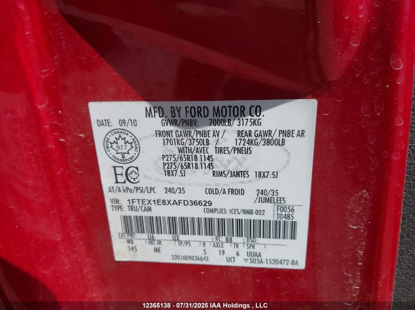 2010 Ford F-150 Stx/Xl/Xlt VIN: 1FTEX1E8XAFD36629 Lot: 12365138X