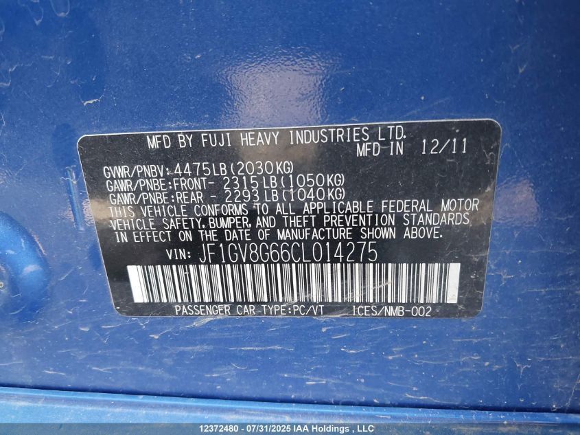 2012 Subaru Wrx Sti Sti VIN: JF1GV8G66CL014275 Lot: 12372480X