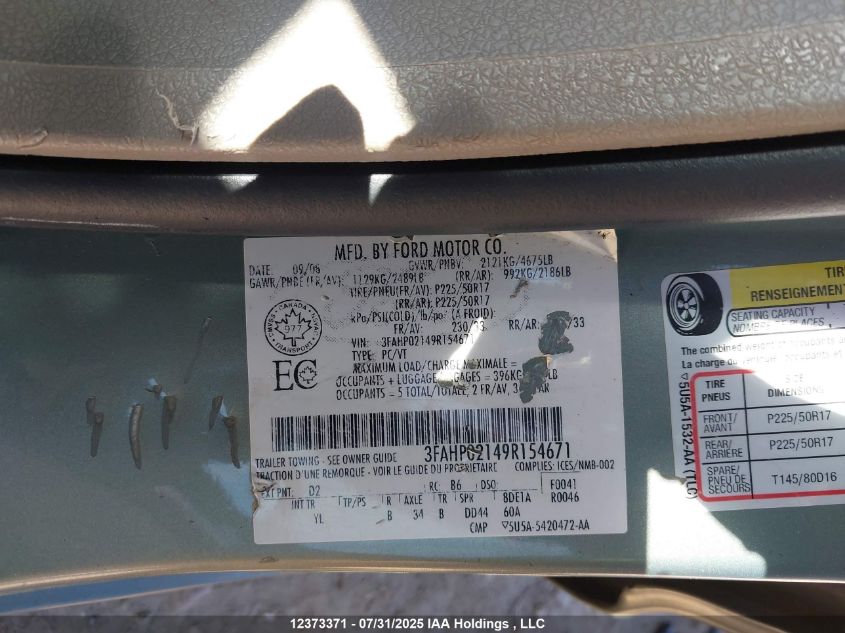 2009 Ford Fusion Sel VIN: 3FAHP02149R154671 Lot: 12373371X