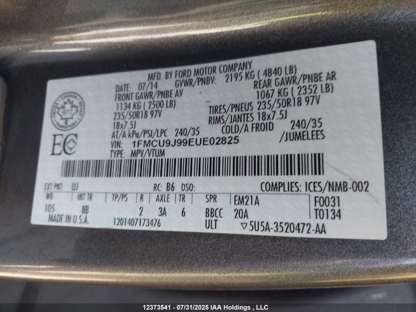 2014 Ford Escape Titanium VIN: 1FMCU9J99EUE02825 Lot: 12373541X