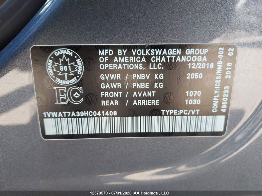 2017 Volkswagen Passat 1.8 Tsi Trendline+ VIN: 1VWAT7A39HC041408 Lot: 12373570X