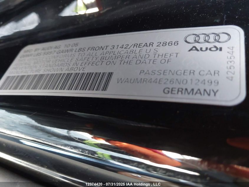 2006 Audi A8 W12 VIN: WAUMR44E26N012499 Lot: 12374420X