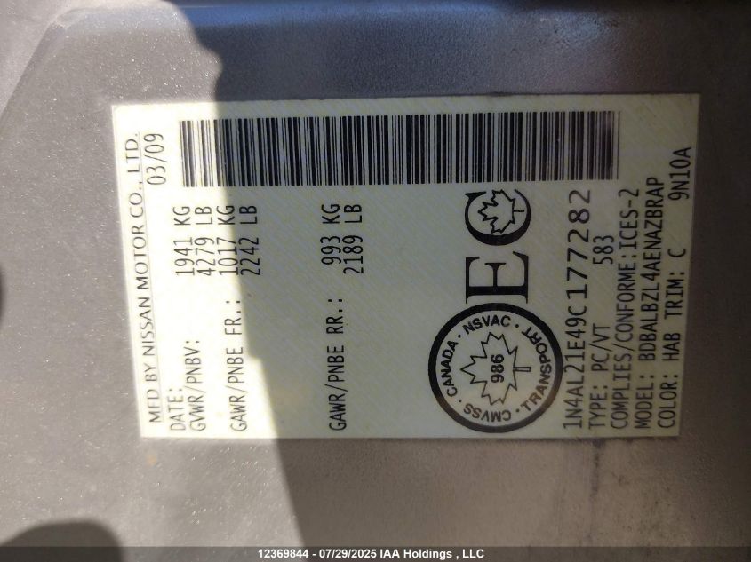 2009 Nissan Altima 2.5 S VIN: 1N4AL21E49C177282 Lot: 12369844X