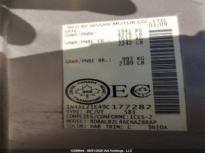 2009 Nissan Altima 2.5 S VIN: 1N4AL21E49C177282 Lot: 12369844X