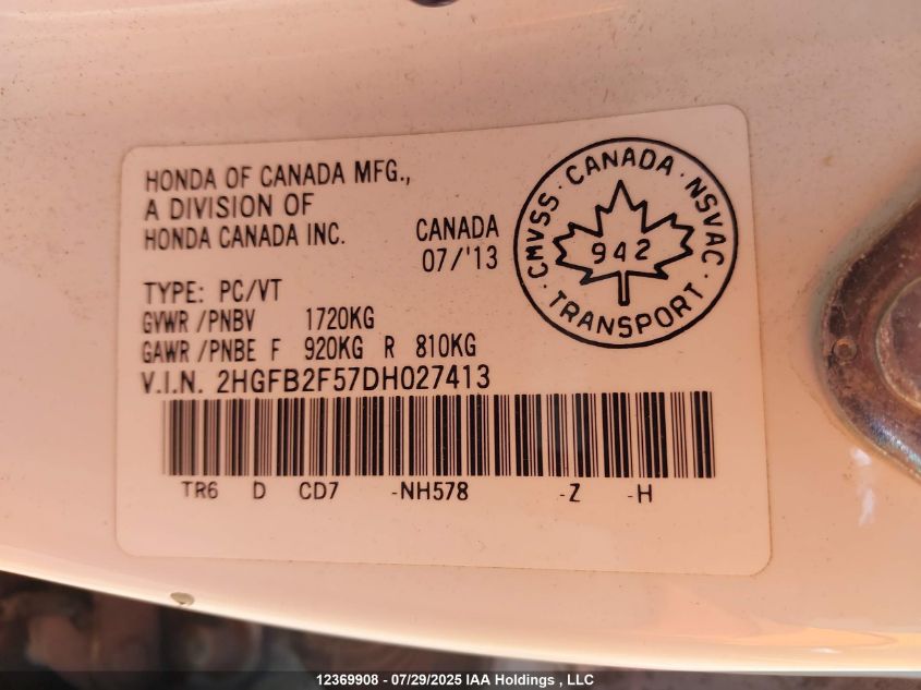 2013 Honda Civic Ex 4Dr VIN: 2HGFB2F57DH027413 Lot: 12369908X