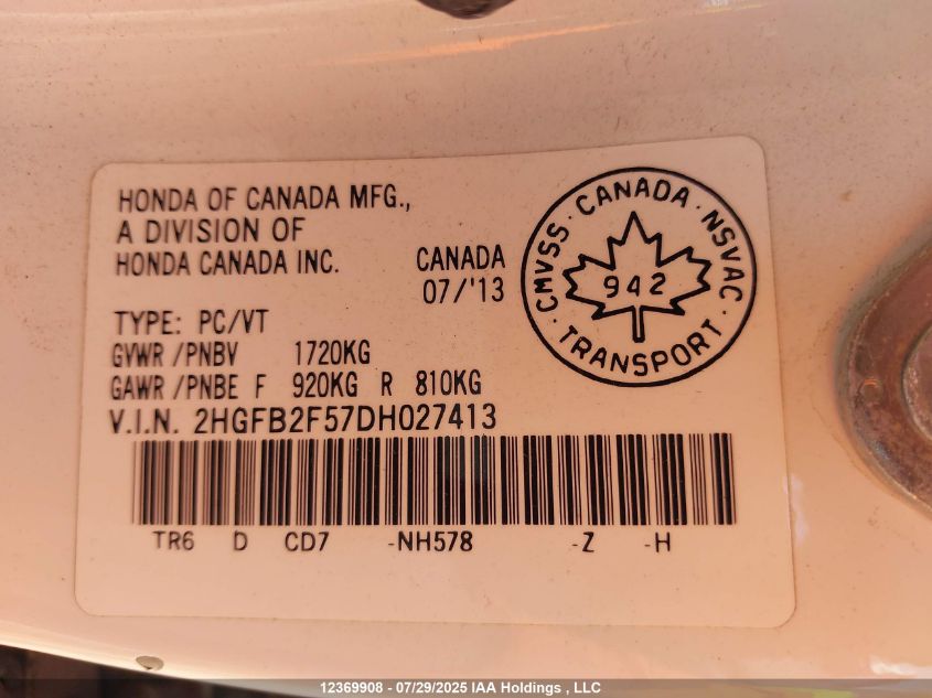 2013 Honda Civic Ex 4Dr VIN: 2HGFB2F57DH027413 Lot: 12369908X