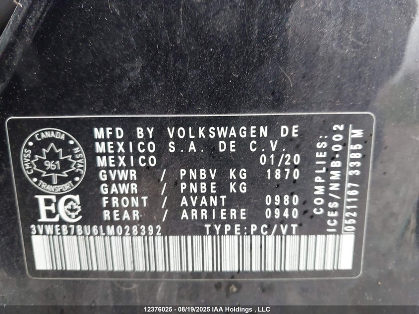2020 VOLKSWAGEN JETTA SEDAN 1.4L I-4 DI, DOHC, VVT, TURBO, 147HP
