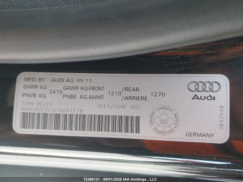 2012 Audi A7 Premium VIN: WAU3GCFC5CN051218 Lot: 12366121X