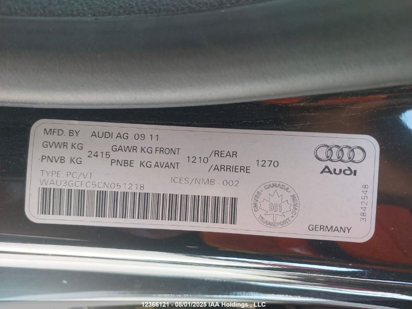 2012 Audi A7 Premium VIN: WAU3GCFC5CN051218 Lot: 12366121X