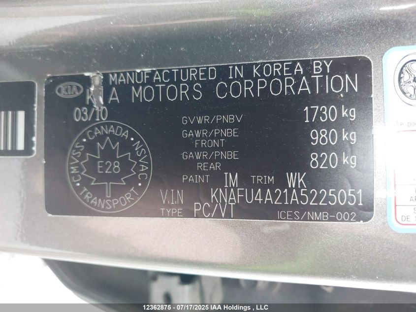 2010 Kia Forte 2.0L Ex VIN: KNAFU4A21A5225051 Lot: 12362875X