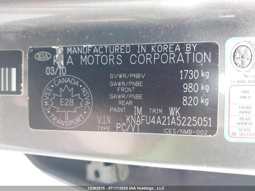 2010 Kia Forte 2.0L Ex VIN: KNAFU4A21A5225051 Lot: 12362875X